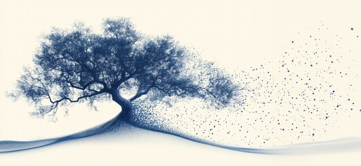 Poster - artistic representation of tree dissolving into particles, showcasing nature's beauty and fragility,