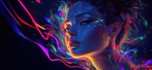 Poster - Vibrant ethereal portrait of a woman with glowing neon colors and abstract light trails, showcasing a fusion of beauty and digital art, copy space for text