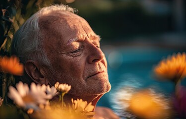 Wall Mural - an elderly man with gray hair and a beard, standing in front of orange flowers and green plants.