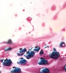 Poster - Blueberries splashing in creamy yogurt, vibrant pink background, dynamic motion, fresh fruit, healthy dessert, delicious snack, copy space for text