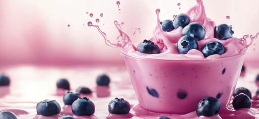 Poster - Blueberry yogurt splash with fresh blueberries, vibrant pink background, creamy texture, dynamic motion, healthy dessert, delicious snack, copy space for text