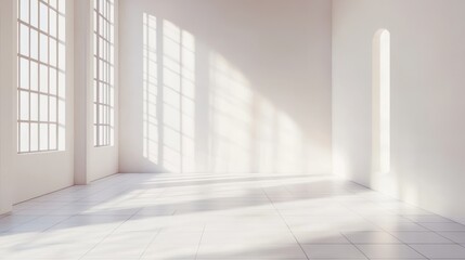 Poster - A large room with a white wall and a window. The window is open and the sun is shining through it