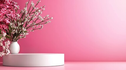 Poster - Delicate Vase Filled with Colorful Fresh Flowers Set Against a Soft Pink Background Creating a Charming and Elegant Atmosphere