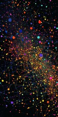 Poster - Abstract Network of Data Points in Colorful Patterns with Digital Elements on Black Background