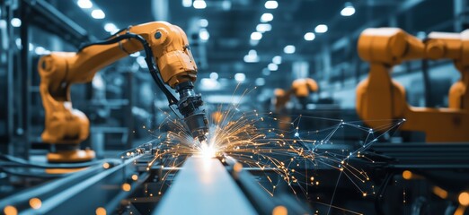 Poster - Industrial robotic arm welding metal with sparks in automated manufacturing environment, showcasing advanced technology and precision engineering, copy space for text