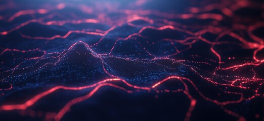 Poster - Abstract digital landscape with glowing red and blue lines representing data flow and connectivity in a futuristic environment, copy space for text