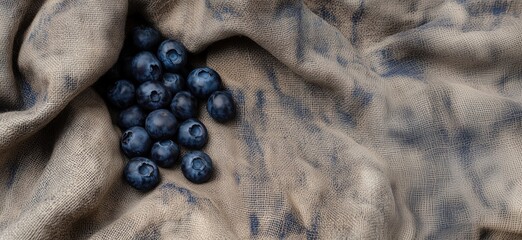Poster - Fresh blueberries arranged on textured burlap fabric, showcasing natural colors and organic feel, perfect for food photography and culinary presentations, copy space for text