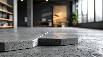 Poster - A modern interior featuring a polished concrete floor, showcasing a unique hexagonal piece with a minimalist design and large windows providing natural light.