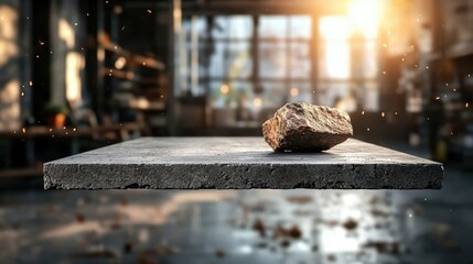 Poster - A rock hovers above a concrete surface in a sunlit, rustic room, creating a mystical, serene ambiance with dust particles glimmering in the light.