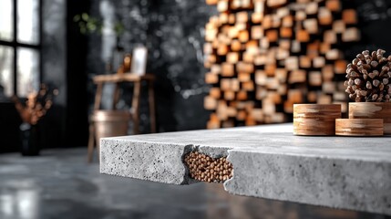 Poster - A modern, stylish interior featuring a concrete table, wooden decor, and a backdrop of stacked logs, creating a cozy and rustic atmosphere.