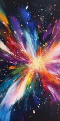 Poster - This vibrant abstract artwork features an explosion of colors against a black background, showcasing a dynamic mix of hues and energy. Perfect for modern decor.