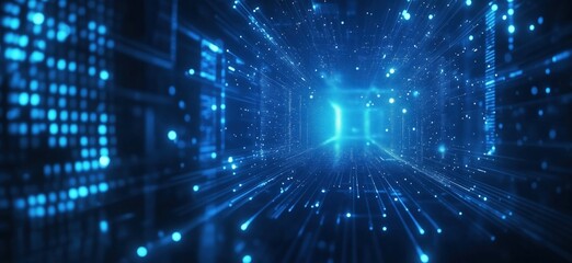 Poster - Futuristic digital tunnel with glowing blue particles and light beams creating a sense of depth and motion, copy space for text