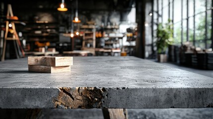 Poster - A rustic workspace featuring a concrete table with wooden blocks, surrounded by large windows and shelves filled with various items.