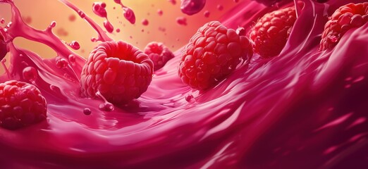 Poster - Raspberry splash with vibrant juice and dynamic motion, showcasing fresh raspberries immersed in rich, colorful liquid, creating an enticing visual experience, copy space for text