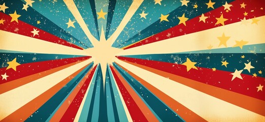 Poster - Vintage American patriotic background with rays and stars, ideal for celebrations and events, featuring red, blue, and cream colors, copy space for text