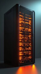 Poster - A sleek server rack with illuminated data lights, showcasing advanced computing technology in a dimly lit environment. The image highlights modern infrastructure.