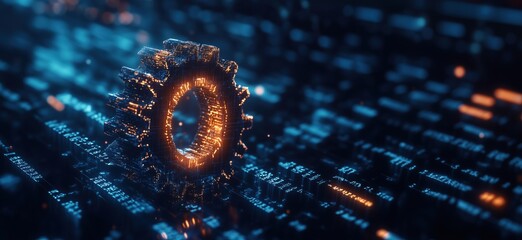 Poster - Digital gear symbolizing technology and innovation, glowing in a futuristic circuit environment with intricate patterns and vibrant colors, copy space for text