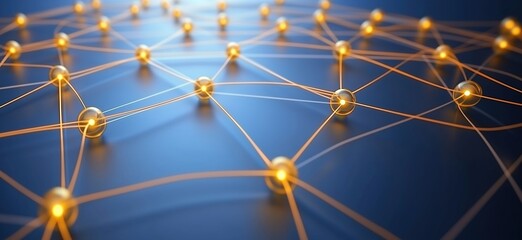 Poster - Network of glowing nodes interconnected by luminous lines, representing data flow and connectivity in digital systems, copy space for text