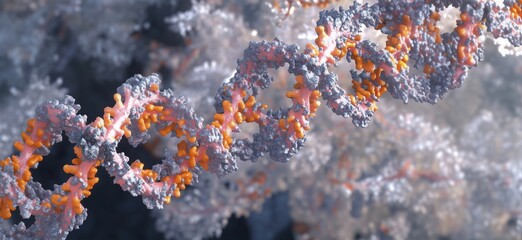Poster - DNA double helix structure with vibrant orange and gray molecular components, showcasing intricate details of genetic material, copy space for text