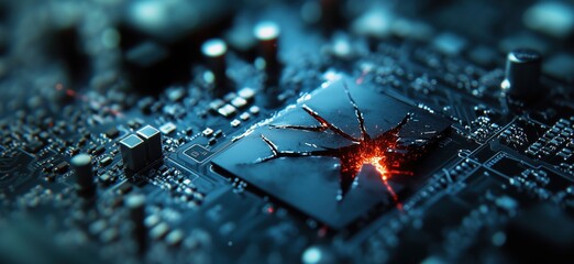 Poster - Damaged microchip with crack and glowing core on circuit board, showcasing technology vulnerability and electronic failure, copy space for text