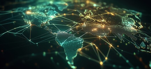 Poster - Global Network Visualization with Dots and Lines Representing Connections Across Continents and Countries, copy space for text