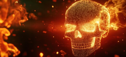 Poster - Digital skull composed of glowing binary code, surrounded by fiery elements and abstract particles, representing technology and mortality, copy space for text