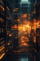 Poster - A mesmerizing digital data storage room filled with glowing shelves, vibrant light patterns, and a futuristic ambiance, showcasing advanced technology and innovative design.