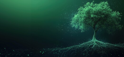Poster - luminous tree with glowing roots and ethereal green background, symbolizing life, growth, and connec