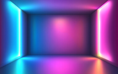 Poster - 3D render, abstract neon background with glowing lines and shapes in blue, pink, and purple colors. 