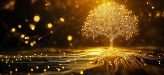 Poster - digital tree with glowing circuits and lights representing technology and nature integration, symbol