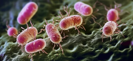 Poster - Bacteria under microscope, vibrant pink and purple colors, showcasing cellular structures and movement, highlighting microbial life, copy space for text