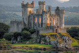 Majestic castle ruins on rocky island, misty mountains backdrop, potential tourism site