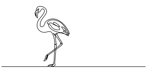 Continuous single line art of flamingo drawing ear and outline vector illustration, Flamingo bird in continuous one line art drawing. Vector illustration isolated. Minimalist design handdrawn,   pro. 