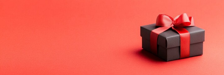 Poster - Small black gift box with red ribbon on red background representing valentine's day, love, woman's day, spring, and special occasion celebrations