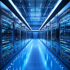 Poster - High-Tech Data Network Room with Illuminated Servers and Modern Infrastructure for Big Data Management