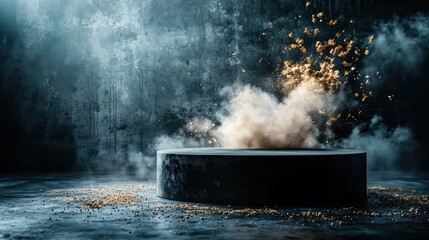 Poster - A dramatic scene featuring a circular pedestal with smoke and sparks, set against a textured background, creating a dynamic and energetic atmosphere.