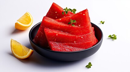 Wall Mural - A vibrant bowl of fresh watermelon slices garnished with herbs and accompanied by lemon wedges, showcasing a refreshing summer treat.