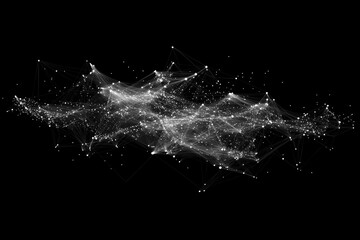 Poster - Dynamic abstract visualization of a data network forming waves with light points on a dark backdrop, illustrating connections and complexity.