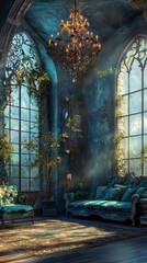 Wall Mural - a room with a blue couch and a chandelier. the chandelier is hanging from the ceiling