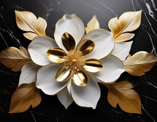 Sticker - golden and white flower sculpture on black marble background with gold leaf accents