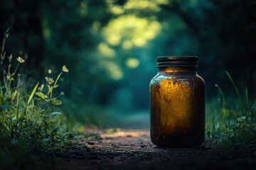 Poster - Amber glass jar rests on forest path