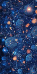 Poster - abstract digital network visualization with nodes and connections on blue background for data analys