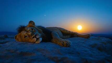 young male lion resting on rock at sunset, serene night scene.
