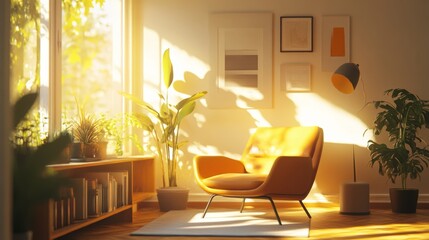 Sticker - A warm and inviting living room bathed in natural light, featuring a cozy chair, vibrant plants, and stylish decor that creates a serene atmosphere.