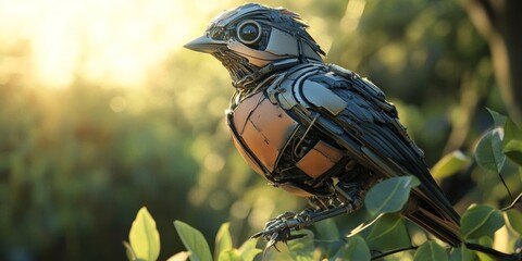 Poster - A detailed robotic bird sits on a branch, surrounded by lush greenery and bathed in warm sunlight, showcasing advanced technology in nature.