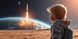 © Pimchada - A child standing in awe watching a distant rocket launch, representing curiosity, exploration, future space technology, inspiring scientists, innovators, child, distance, space technology