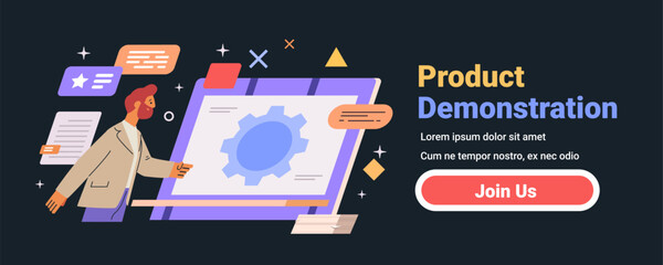 Poster - business presentation dark mode interface concept. person interacting with large screen gear icon ab