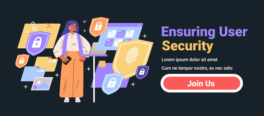 Poster - Ensuring user security woman holding smartphone surrounded by security icons computer screen dark background website banner