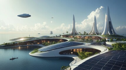 Wall Mural - Futuristic island city with sustainable architecture, aerial view, tranquil scene, floating structures, and solar panels.