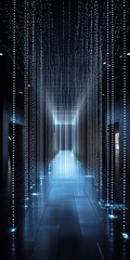 Poster - A long blue hallway with lights hanging from the ceiling. The hallway is empty